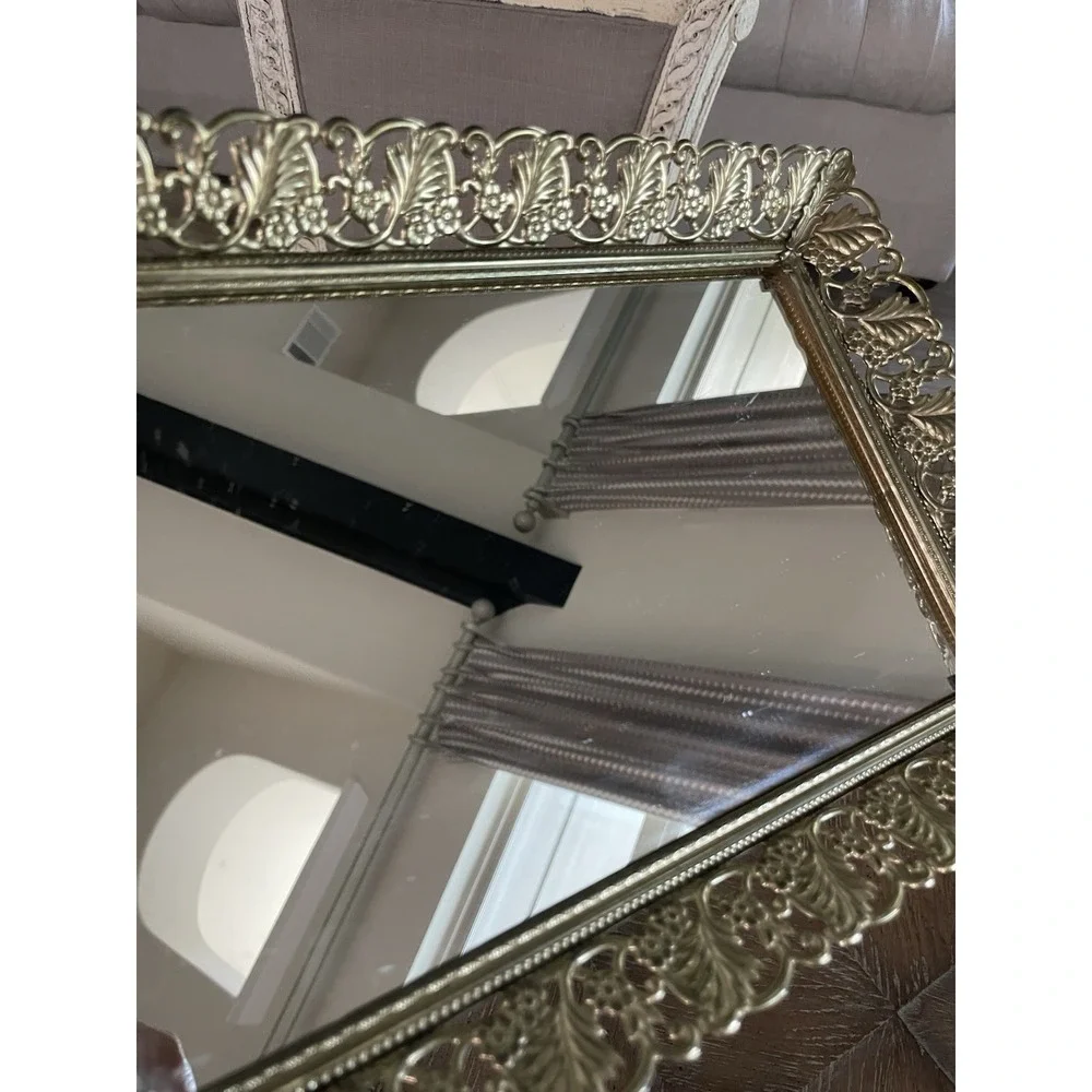 Vtg Mirrored Vanity Tray Gold Filigree Rectangle Hollywood Regency Dresser Decor